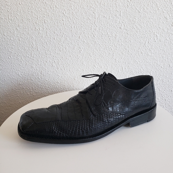 David Eden Handcrafted Black Crocodile Lizard Skin Square Toe Vintage Dress Shoe - Picture 1 of 16